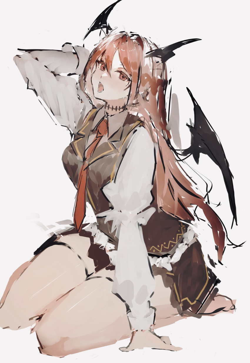 absurdres arm_behind_head bat_wings black_vest commentary female full_body head_wings highres koakuma legs long_hair long_sleeves looking_at_viewer multiple_wings necktie open_mouth po_(anhk5528) red_eyes red_hair red_necktie sitting solo touhou vest wings