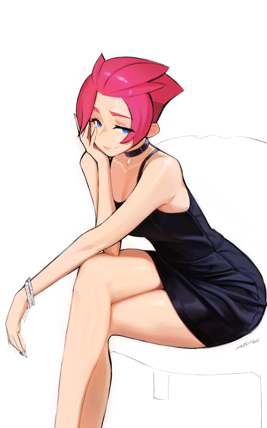 absurdres arm_on_knee bare_legs bare_shoulders black_choker black_dress blue_eyes bracelet choker crossed_legs dress female hand_on_own_face highres jewelry looking_at_viewer mvbvsh original pink_hair seductive_smile short_hair simple_background smile solo watermark white_background