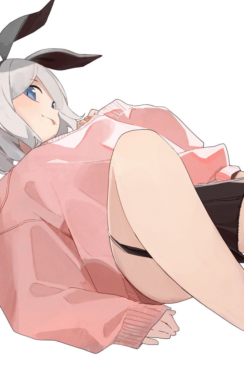 :p black_hairband black_panties blue_eyes commentary_request female grey_hair hairband highres hiroki_(yyqw7151) legs long_sleeves looking_at_viewer original panties panty_pull pink_sweater short_hair simple_background solo sweater tongue tongue_out underwear white_background