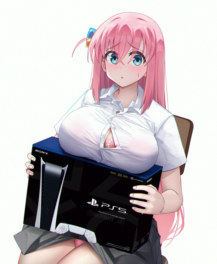 bocchi_the_rock! bra breast_rest breasts commentary female furrowed_brow game_console gotoh_hitori grey_skirt hair_between_eyes highres inkspirate lace lace_bra large_breasts looking_at_viewer panties parted_lips pink_bra pink_panties playstation_5 shirt sitting skirt solo sony underwear upper_body white_shirt