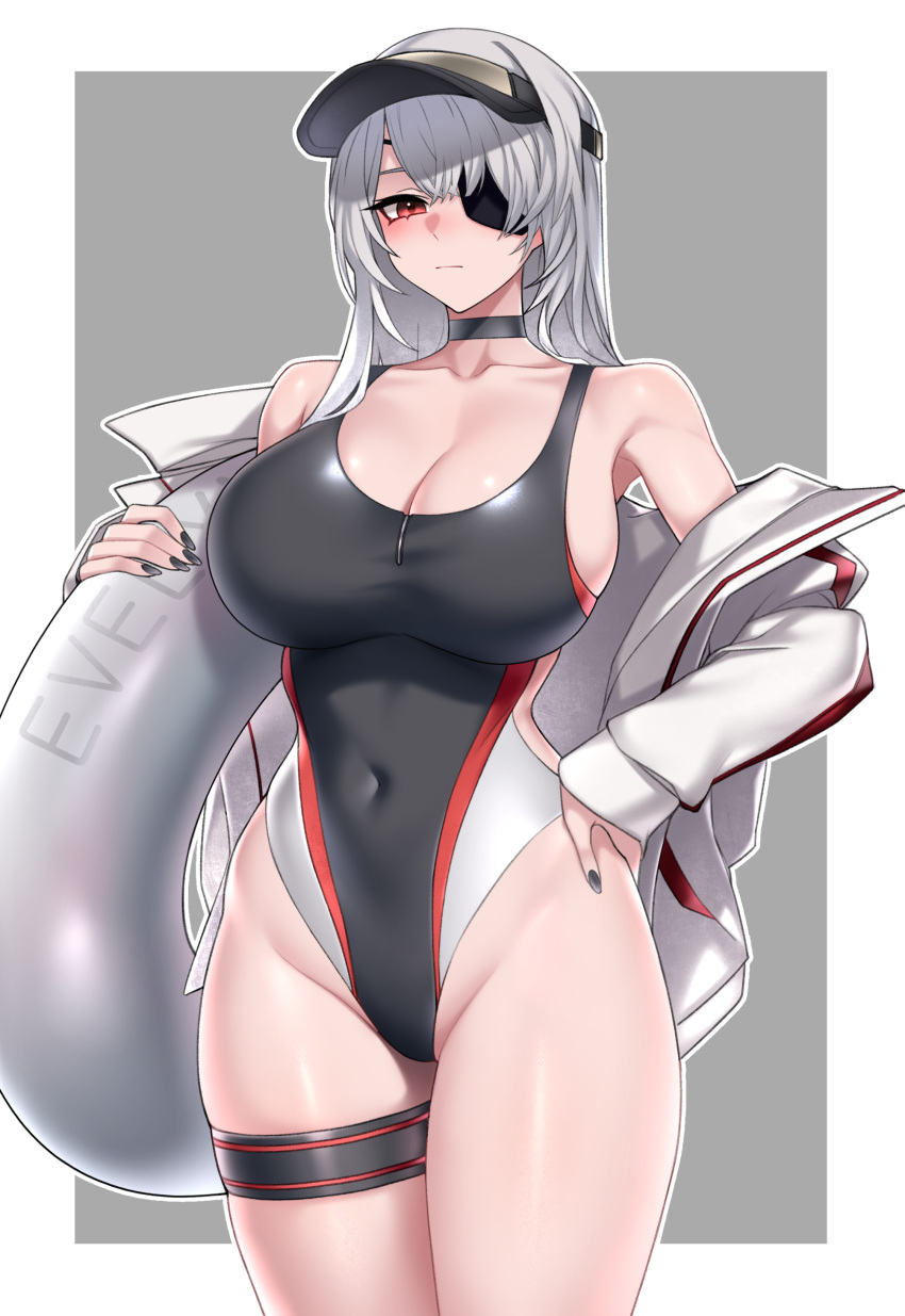 absurdres black_choker black_nails breasts character_name choker cleavage closed_mouth commission covered_navel cowboy_shot curvy dogs_(dlrkdejr26) evelyn_(neural_cloud) evelyn_(steel_shark_of_the_blue_sea)_(neural_cloud) eyepatch female fingernails girls'_frontline girls'_frontline_neural_cloud hand_on_own_hip highres holding innertube jacket jacket_over_swimsuit large_breasts long_hair looking_at_viewer nail_polish off_shoulder one-piece_swimsuit open_clothes open_jacket red_eyes solo swim_ring swimsuit thigh_strap visor_cap white_hair white_jacket