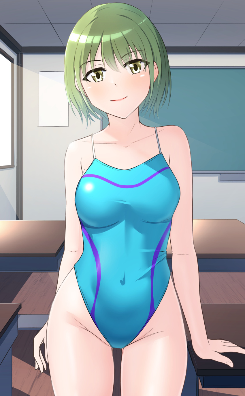 aqua_one-piece_swimsuit breasts chalkboard classroom commentary_request competition_swimsuit covered_navel cowboy_shot desk green_hair highleg highleg_one-piece_swimsuit highres idolmaster idolmaster_shiny_colors indoors medium_breasts nanakusa_nichika one-piece_swimsuit school_desk short_hair smile standing swimsuit thames3 two-tone_swimsuit yellow_eyes