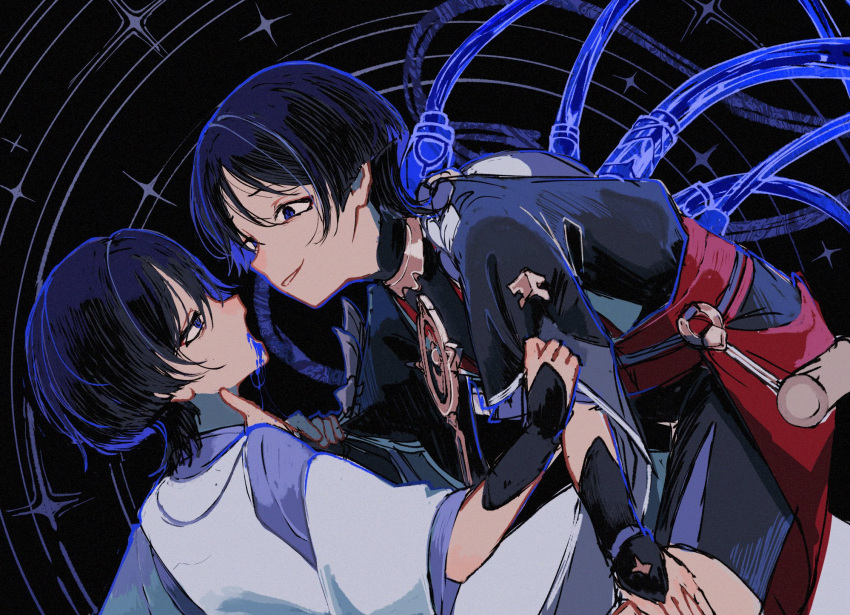 2boys black_background black_bodysuit black_hair black_kimono black_shorts black_sleeves blood blood_from_mouth blunt_ends bodysuit cable clothes_grab clothing_cutout dual_persona eyeliner eyeshadow genshin_impact gold hand_on_own_thigh highres japanese_clothes jewelry kariginu kimono kingyo_(user_xyuc7787) layered_kimono layered_sleeves looking_at_another magic_circle makeup male_focus mitsudomoe_(shape) multiple_boys neck_grab neck_ring o-ring open_mouth outline parted_lips purple_blood purple_eyes purple_kimono purple_outline purple_sleeves red_eyeliner red_eyeshadow red_sash sash scaramouche_(genshin_impact) scaramouche_(kabukimono)_(genshin_impact) short_sleeves shorts shoulder_cutout sleeve_grab sleeves_past_elbows smile string tomoe_(symbol) turtleneck turtleneck_bodysuit white_mouth white_sleeves white_trim