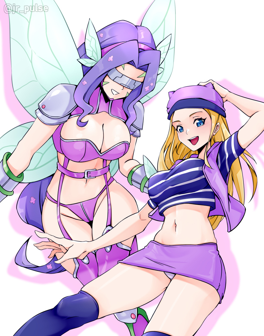 2girls :d absurdres alternate_eye_color arm_up belt bikini blonde_hair blue_eyes boots breasts butterfly_hair_ornament butterfly_wings cleavage commentary covered_eyes cropped_shirt digimon digimon_(creature) digimon_frontier drop_shadow elbow_gloves facial_mark fairimon garter_straps gloves grey_gloves hair_ornament hairband hat hat_with_ears head-mounted_display highres hood hood_down hooded_vest hoodie insect_wings jrpulse large_breasts long_hair looking_at_viewer midriff miniskirt multiple_girls navel open_clothes open_mouth open_vest orimoto_izumi over-kneehighs parted_bangs pencil_skirt purple_belt purple_bikini purple_footwear purple_hair purple_hairband purple_hat purple_shirt purple_skirt purple_socks purple_vest shadow shirt short_sleeves shoulder_pads sidelocks skindentation skirt smile socks stomach striped_clothes striped_shirt swimsuit teeth thigh_boots thighhighs twitter_username upper_teeth_only vest wings