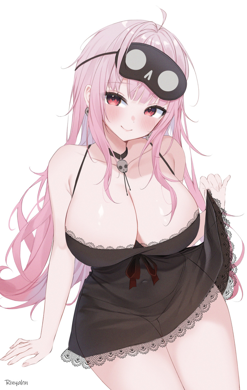 absurdres ahoge arm_support artist_name bare_shoulders black_choker black_mask black_nightgown blush breasts choker cleavage closed_mouth collarbone commentary covered_navel earrings female highres hololive hololive_english huge_breasts jewelry lifting_own_clothes long_hair looking_at_viewer mask mask_on_head mori_calliope mori_calliope_(sleepwear) nightgown nightgown_lift official_alternate_costume pink_eyes pink_hair ri_nyahn see-through_nightgown simple_background skull_choker skull_earrings sleep_mask smile solo thighs virtual_youtuber white_background