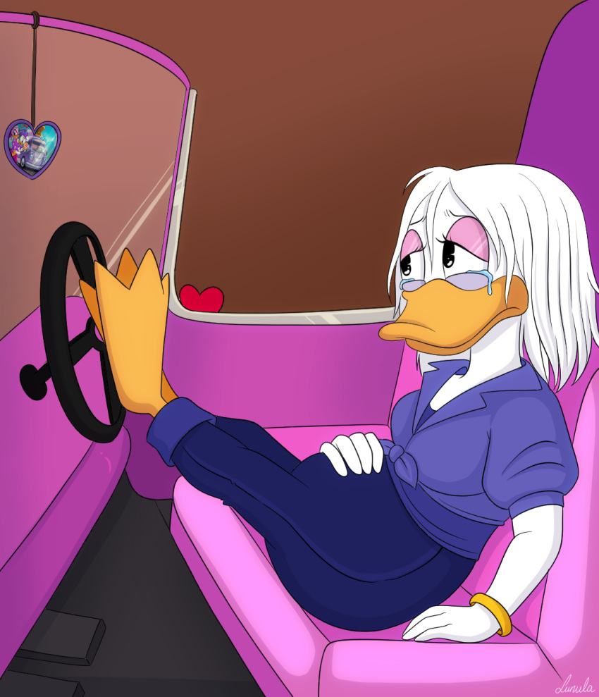 anatid anseriform anthro avian avian_butt barefoot bird blouse bodily_fluids bottomwear breasts clothing crying daisy_duck depression disney duck family_photo feet feet_on_steering_wheel female grandchild_(lore) granddaughter_(lore) grandmother_(lore) grandmother_and_grandchild_(lore) grandmother_and_granddaughter_(lore) grandparent_(lore) grandparent_and_grandchild_(lore) grieving hair hand_on_belly heart-shaped_locket hi_res kinkypeach lily_duck locket looking_at_object looking_at_photo mechanic mechanic_outfit medium_truck messy_hair mickey_mouse_roadster_racers minnie's_bow-toons pants photo sad shirt solo steering_wheel tears topwear truck_(vehicle) van vehicle