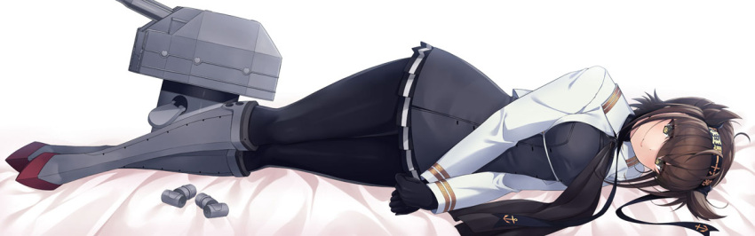 black_bodysuit black_headband black_neckerchief bodysuit breasts brown_hair clothes_writing dakimakura_(medium) dress female grey_dress hachimaki hair_flaps hatsuzuki_(kancolle) hatsuzuki_kai_ni_(kancolle) headband kantai_collection kochipu long_sleeves lying medium_breasts neckerchief on_side short_dress smile yellow_eyes