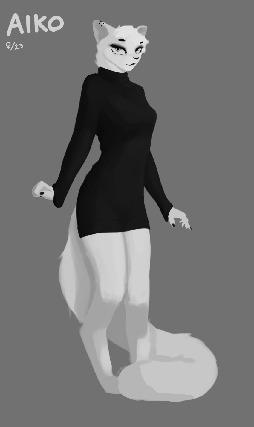 absurd_res anthro black_clothing black_dress black_nails clothing colored_nails domestic_cat dress fan_character felid feline felis female fluffy fluffy_tail fur hi_res long_sleeve_dress long_sleeves looking_at_viewer mammal model_sheet nails nobu_nobody short_dress solo tail turtleneck_dress white_body white_fur