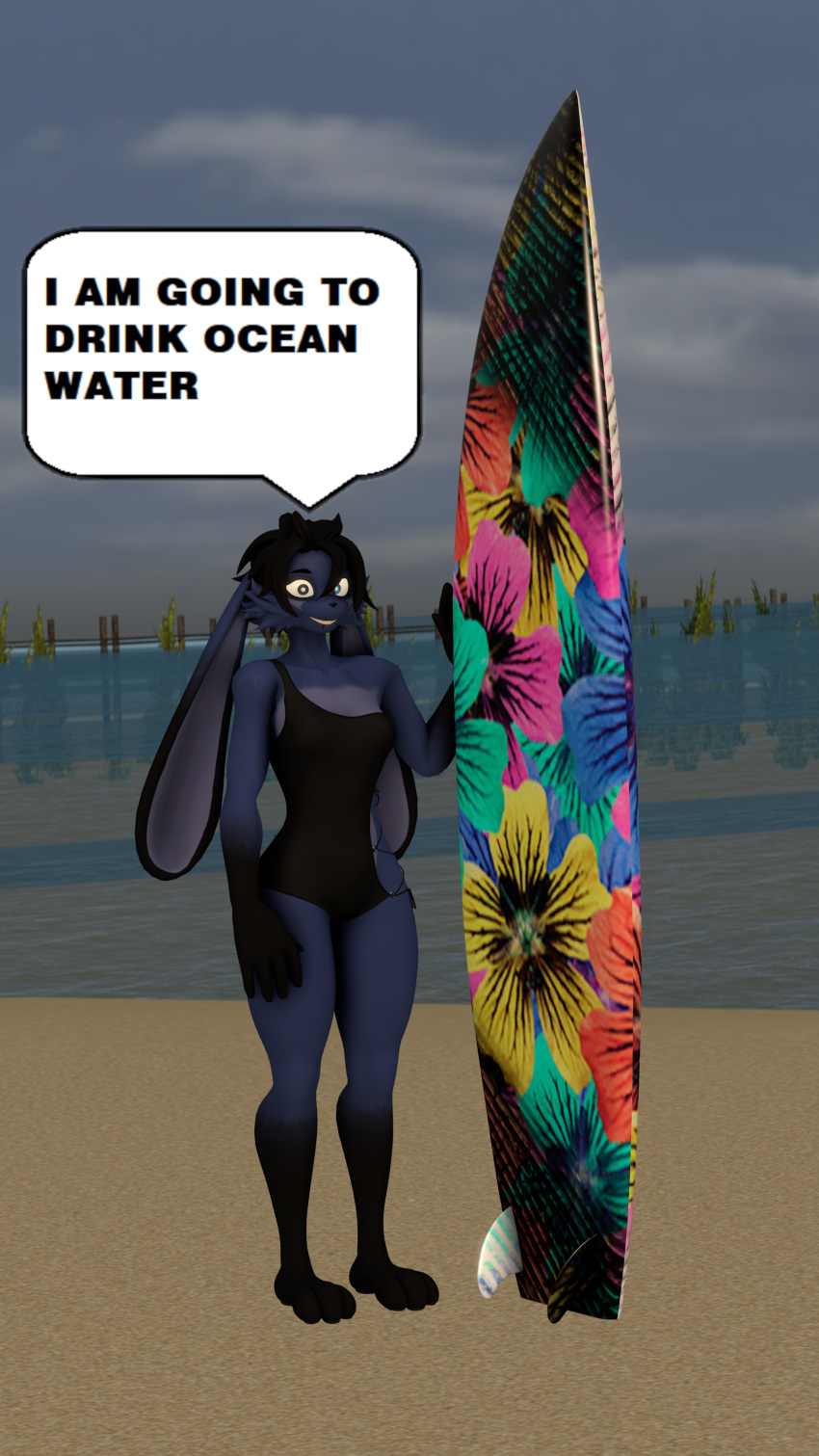 2024 3d_(artwork) 4k 9:16 absurd_res anthro beach black_hair black_one-piece_swimsuit blue_body blue_eyes blue_fur cbasej clothing detailed_background dialogue digital_media_(artwork) domi_(domibun) english_text female fur grey_eyes hair heterochromia hi_res lagomorph leporid looking_at_viewer mammal meme multicolored_body multicolored_fur one-piece_swimsuit outside rabbit sea seaside short_hair solo solo_focus source_filmmaker_(artwork) surfboard swimwear talking_to_viewer text two_tone_body two_tone_fur water