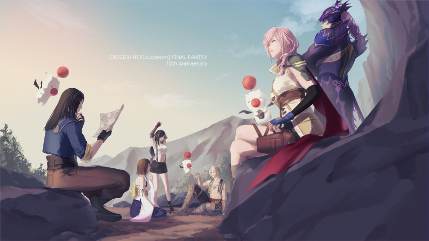 éclair_farron 3boys 3girls absurdres anniversary armor arms_up bare_legs black_hair black_skirt blue_jacket brown_hair brown_pants cloud cloudy_sky commentary_request crop_top crossed_arms crossed_legs dissidia_012_final_fantasy dissidia_final_fantasy final_fantasy final_fantasy_iv final_fantasy_vii final_fantasy_viii final_fantasy_x final_fantasy_xii final_fantasy_xiii full_body helmet highres holding holding_map jacket kain_highwind knee_up laguna_loire long_hair looking_at_another map midriff miniskirt moogle mountainous_horizon multiple_boys multiple_girls nontraditional_miko open_clothes open_vest outdoors pants pink_hair purple_armor purple_helmet rock rorieku short_hair shoulder_pads sitting skirt sky sleeveless sleeveless_jacket standing suspender_skirt suspenders tank_top tifa_lockhart vaan_(ff12) vest white_tank_top yuna_(ff10)