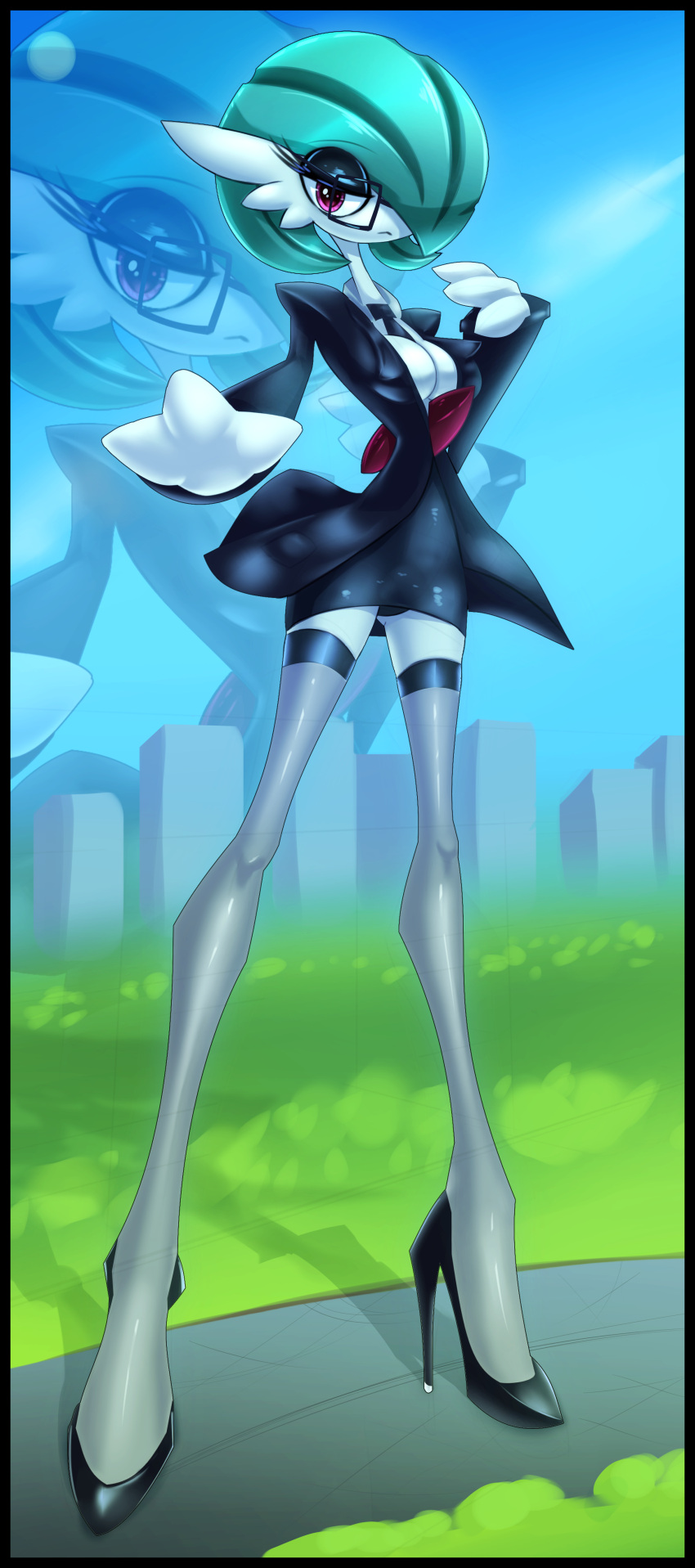 absurd_res anthro big_eyes border clothed clothing digital_media_(artwork) eyelashes female footwear frutiger_aero gardevoir generation_3_pokemon green_hair hair hi_res high_heels humanoid legwear looking_at_viewer nintendo not_furry pokemon pokemon_(species) red_eyes shoes simple_background solo stockings topwear warlocke