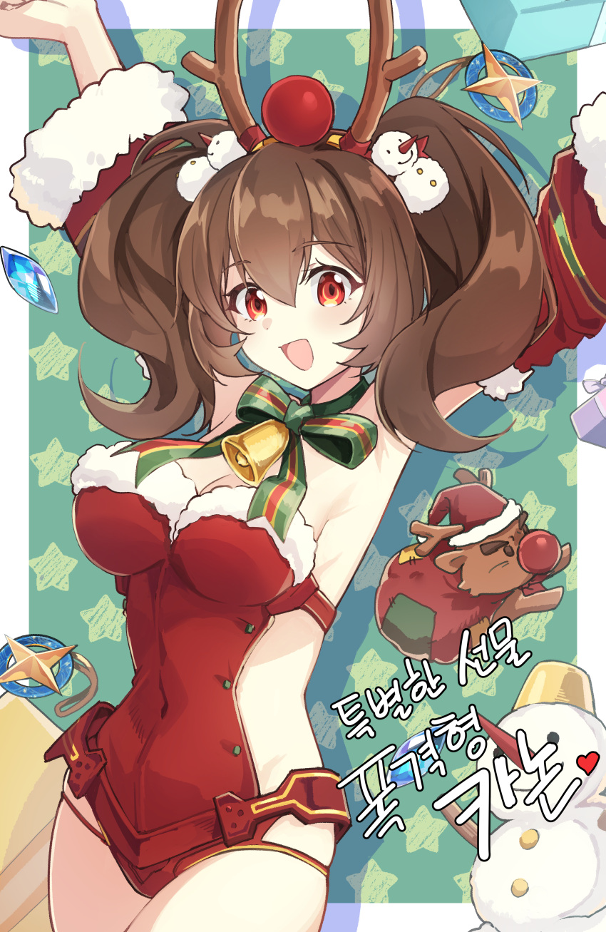 absurdres alternate_costume antlers armpits arms_up bare_shoulders bell bomb_model_kanna_(epic_seven) bow bowtie breasts brown_hair christmas cleavage covered_navel cowboy_shot detached_sleeves epic_seven female fur_trim highres horns leotard long_hair long_sleeves looking_at_viewer medium_breasts open_mouth qnishi_(kyunishi) red_eyes red_leotard reindeer_antlers sideless_outfit smile snowman solo spaghetti_strap standing strapless strapless_leotard twintails