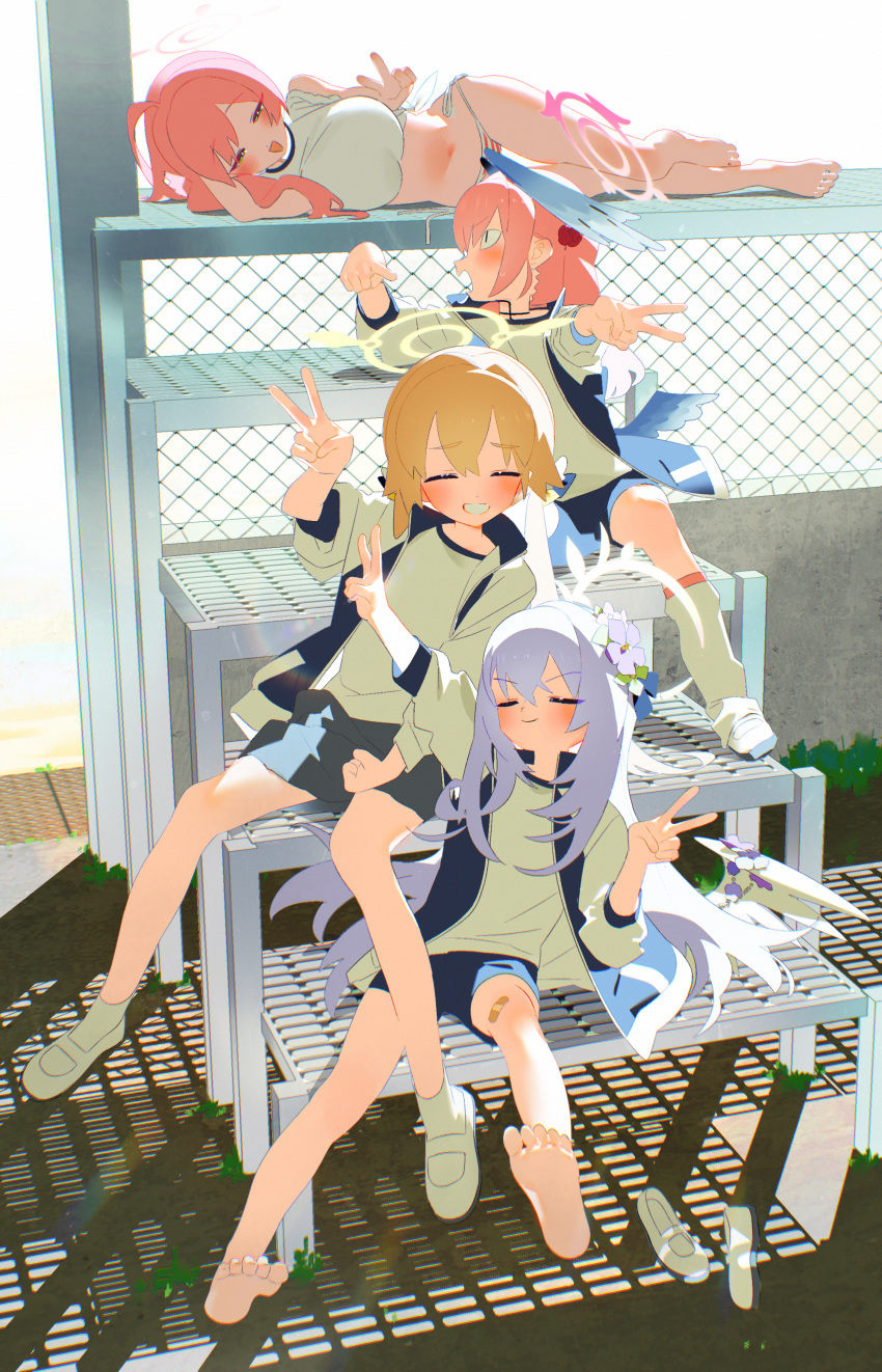 <|>_<|> 4girls absurdres angel_wings azusa_(blue_archive) bandaid_on_thigh barefoot bikini bikini_bottom_only blonde_hair blue_archive blue_shorts bm_tol breasts closed_eyes closed_mouth double_v facing_viewer feet flower full_body green_eyes grey_hair gym_shorts gym_uniform hair_between_eyes hair_flower hair_ornament halo hanako_(blue_archive) head_wings hifumi_(blue_archive) highres jacket koharu_(blue_archive) large_breasts long_hair looking_at_another loose_socks low_wings lying make-up_work_club_(blue_archive) multiple_girls no_pants on_side open_clothes open_jacket open_mouth outdoors pink_hair pink_halo pointing purple_flower shirt shoes short_shorts shorts side-tie_bikini_bottom sitting smile socks soles striped_bikini striped_clothes swimsuit teeth thigh_gap toes track_jacket unworn_shoes v white_footwear white_shirt white_socks white_wings wing_ornament wings yellow_halo