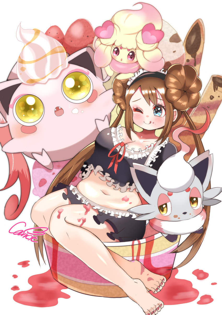 absurdres alcremie bare_legs barefoot black_hairband black_skirt blue_eyes blush breasts brown_hair carrot_summer cleavage closed_mouth crop_top double_bun eyelashes female food food_on_face frilled_hairband frilled_shirt frilled_skirt frills furrowed_brow hair_bun hairband highres hisuian_zorua ice_cream ice_cream_cup long_hair medium_breasts miniskirt navel one_eye_closed pokemon pokemon_(creature) pokemon_bw2 red_ribbon ribbon rosa_(pokemon) scream_tail shirt simple_background skirt smile strawberry_syrup toenails tongue tongue_out twintails whipped_cream white_background