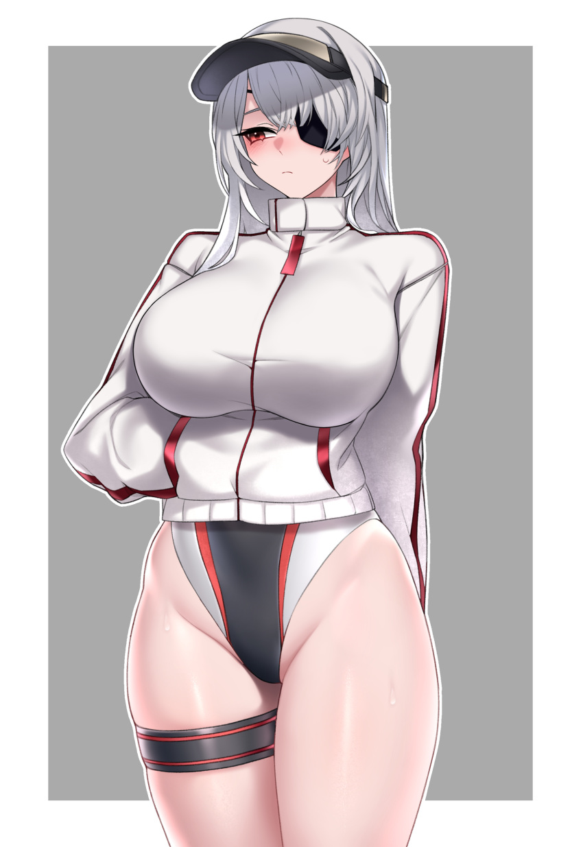 absurdres border breasts closed_mouth commission curvy dogs_(dlrkdejr26) evelyn_(neural_cloud) evelyn_(steel_shark_of_the_blue_sea)_(neural_cloud) eyepatch female girls'_frontline girls'_frontline_neural_cloud grey_background hand_in_jacket highres jacket jacket_over_swimsuit large_breasts long_hair looking_to_the_side one-piece_swimsuit red_eyes solo sweatdrop swimsuit thigh_strap visor_cap wet white_border white_hair white_jacket