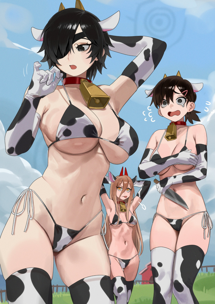 3girls absurdres animal_ears animal_print arms_up barn bell bikini black_hair blue_sky breasts chainsaw_man cloud cow_ears cow_horns cow_print cow_print_bikini cow_print_gloves cow_print_thighhighs cowbell cross-shaped_pupils day demon_girl demon_horns elbow_gloves eyepatch fake_animal_ears fake_horns fence flying_sweatdrops gloves grass grey_eyes hair_between_eyes hair_ornament hairclip higashiyama_kobeni highres himeno_(chainsaw_man) holding holding_knife horns knife large_breasts light_brown_hair long_hair medium_breasts multiple_girls navel neck_bell nia_(nia4294) open_mouth outdoors power_(chainsaw_man) print_bikini print_gloves print_thighhighs red_horns short_hair sky swimsuit symbol-shaped_pupils tearing_up thighhighs tongue tongue_out wooden_fence