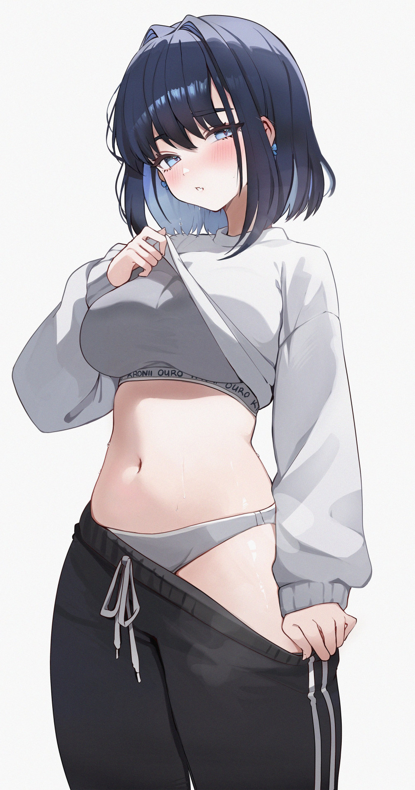 absurdres alternate_costume black_pants blue_hair blush bra clothes_lift clothes_pull commentary female grey_bra grey_panties hair_intakes highres hololive hololive_english koahri long_sleeves looking_at_viewer navel ouro_kronii panties pants pants_pull parted_lips short_hair simple_background solo stomach sweater sweater_lift sweatpants underwear virtual_youtuber white_background white_sweater