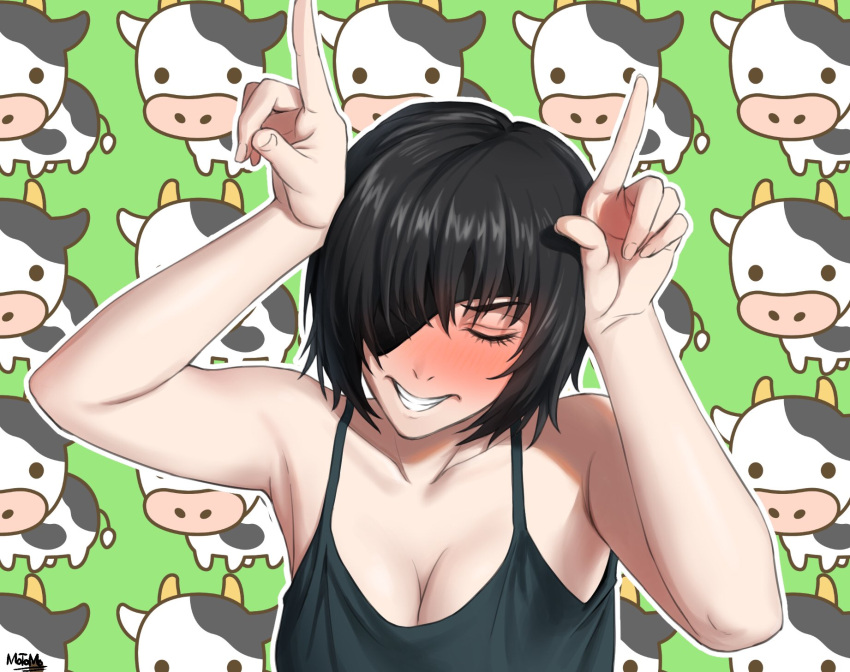 animal_background black_camisole blush bovine breasts camisole chainsaw_man cleavage closed_eyes drunk eyepatch female hands_up highres himeno_(chainsaw_man) horns_pose index_fingers_raised matomo medium_breasts nose_blush solo teeth