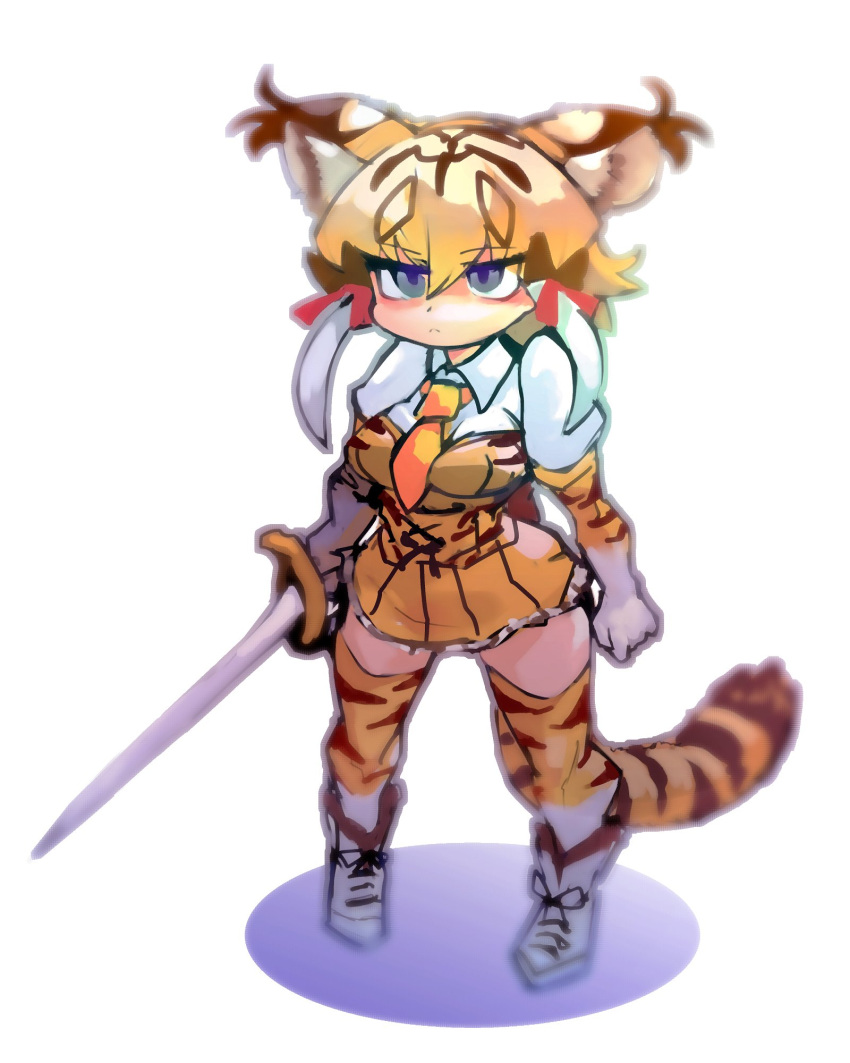 animal_ears animal_print blonde_hair blue_eyes boots bow brown_hair collared_shirt elbow_gloves female frilled_skirt frills full_body gloves gradient_gloves gradient_thighhighs hairbow high-waist_skirt highres hondadadadatsu kemono_friends multicolored_hair necktie print_gloves print_skirt print_thighhighs puffy_short_sleeves puffy_sleeves red_bow shirt short_hair short_sleeves sidelocks skirt smilodon_(kemono_friends) solo sword tail thighhighs tiger_ears tiger_girl tiger_print tiger_tail weapon white_footwear white_gloves white_hair white_shirt yellow_gloves yellow_necktie yellow_skirt yellow_thighhighs zettai_ryouiki