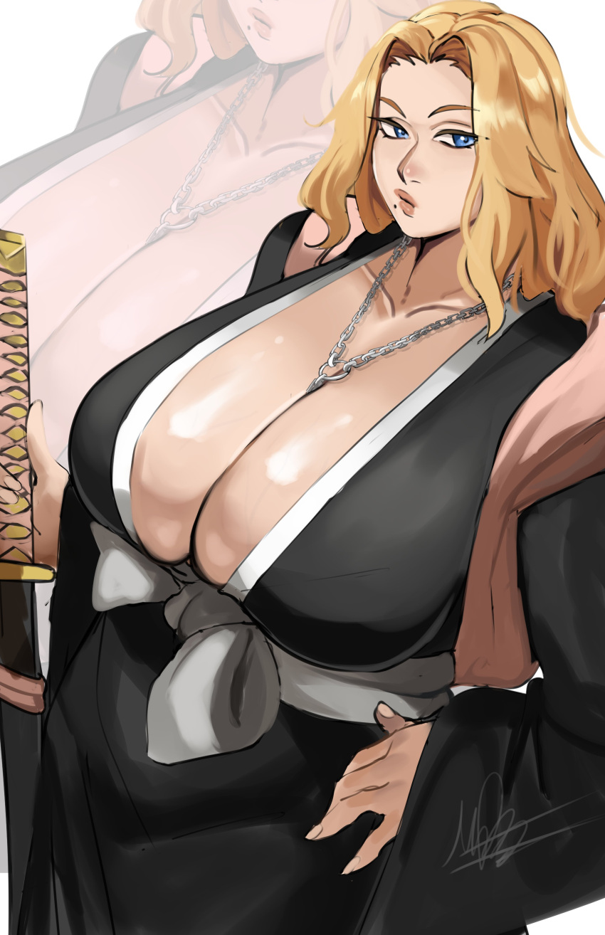 absurdres bleach blonde_hair blue_eyes breasts cleavage female hakama highres holding holding_sword holding_weapon huge_breasts japanese_clothes jewelry lips long_hair matsumoto_rangiku mole mole_under_mouth necklace puzzledartist scabbard scarf sheath shihakusho solo sword weapon