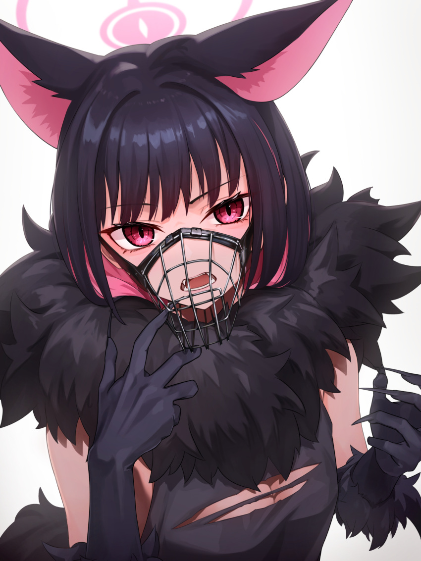 animal_ears black_claws blue_archive cat_ears colored_inner_animal_ears colored_inner_hair extra_ears fake_claws female fingernails fur-trimmed_gloves fur_scarf fur_sleeves fur_trim gloves halloween_costume halo highres kazusa_(blue_archive) kazusa_(halloween)_(blue_archive) kis_sako long_fingernails looking_at_viewer multicolored_hair muzzle_(mask) pink_halo sharp_fingernails solo werewolf_costume