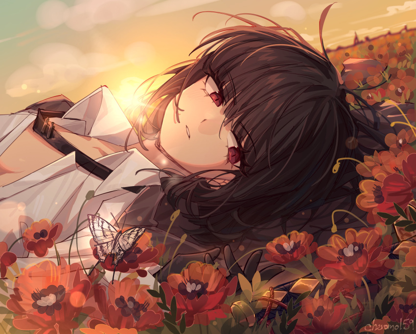 absurdres artist_name black_gloves black_hair breasts bug butterfly cheromo159 chest_strap collared_shirt female field flower flower_field gloves highres limbus_company lying on_side open_clothes open_shirt outdoors poppy_(flower) project_moon red_eyes ryoshu_(project_moon) shirt short_hair solo sunset sword weapon white_shirt