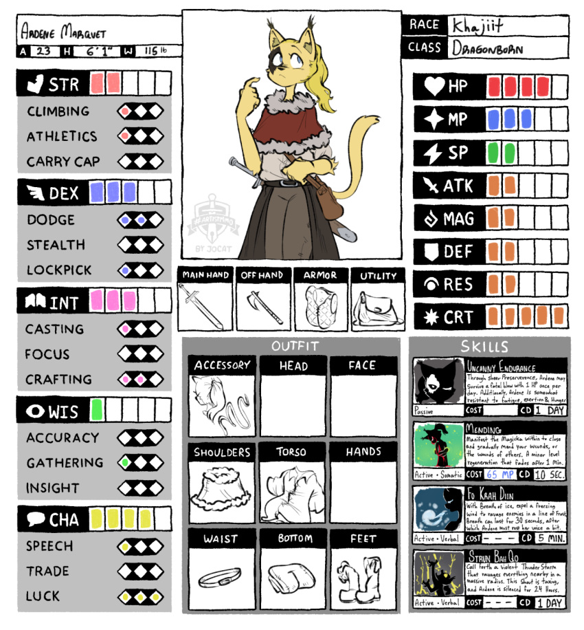 ardene_marquet artistmmo bethesda_game_studios character_sheet_(rpg) felid hi_res jocat khajiit mammal microsoft mmorpg rpg_(disambiguation) sinfullapis skyrim stats the_elder_scrolls