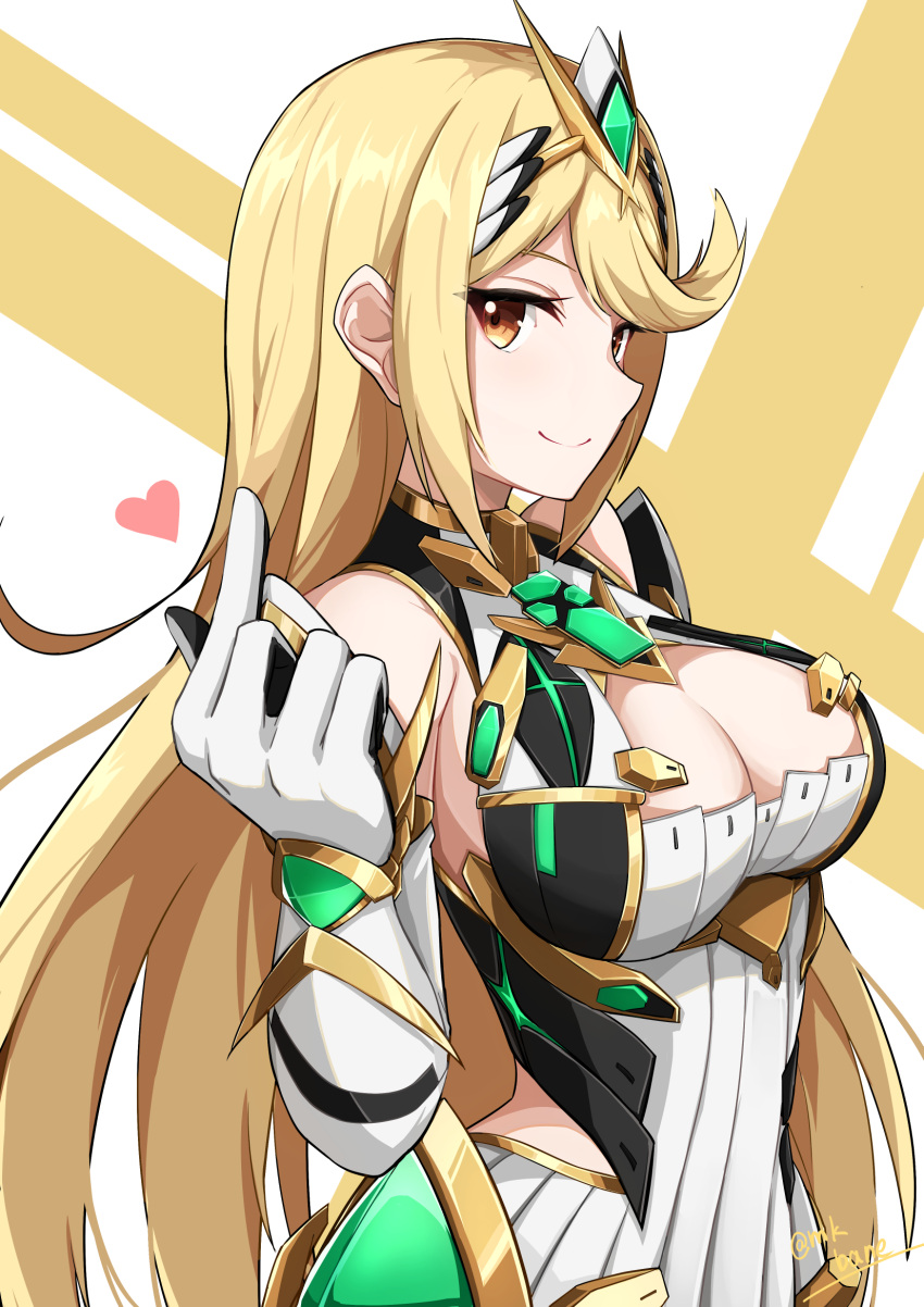 blonde_hair breasts cleavage cleavage_cutout clothing_cutout dress elbow_gloves gloves highres looking_at_viewer makibane_(mkbane) mythra_(xenoblade) smile swept_bangs tiara upper_body white_dress white_gloves xenoblade_chronicles_(series) xenoblade_chronicles_2 yellow_eyes