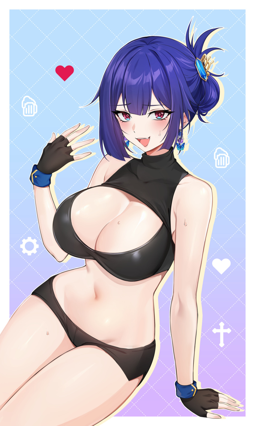 arm_support bare_arms bare_shoulders black_gloves black_shirt black_shorts blue_hair breasts cleavage cleavage_cutout clothing_cutout crop_top earrings female fingerless_gloves folded_ponytail gloves hair_ornament hairclip hand_up heart highres indie_virtual_youtuber jewelry large_breasts long_hair looking_at_viewer micro_shorts midriff navel oerba_yun_fang open_mouth qnishi_(kyunishi) red_eyes shirt shorts sitting sleeveless sleeveless_shirt smile solo stomach sweat thighs virtual_youtuber