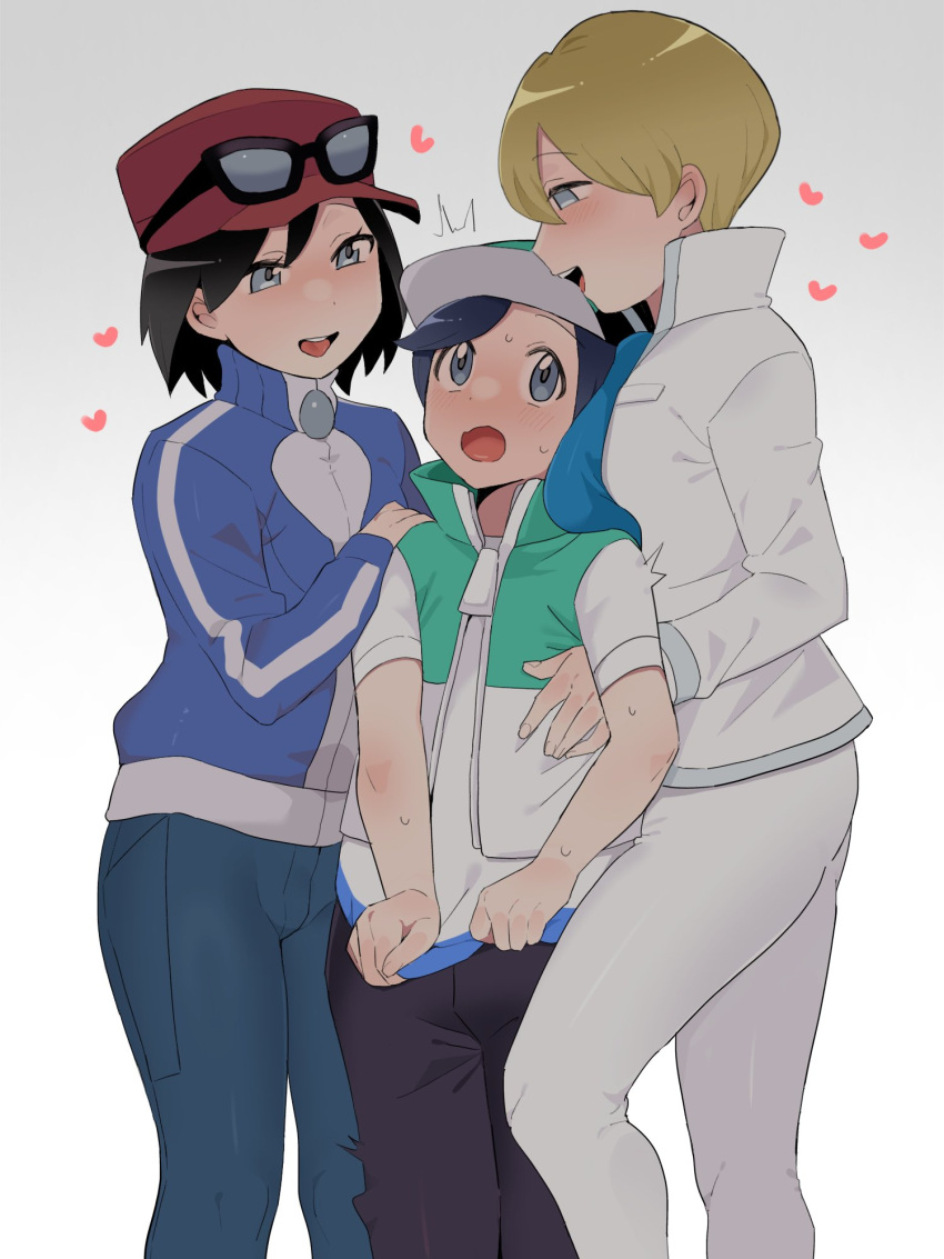 3boys :d black_hair black_pants blonde_hair blue_jacket calem_(pokemon) commentary_request dexio_(pokemon) eyewear_on_headwear green_vest grey_eyes hand_on_another's_shoulder hat heart highres jacket long_sleeves male_focus multiple_boys open_mouth pants pokemon pokemon_xy red_hat sana_(37pisana) scottie_(pokemon) shirt short_hair short_sleeves smile sunglasses t-shirt turtleneck turtleneck_jacket vest white_jacket white_pants white_shirt yaoi zipper_pull_tab