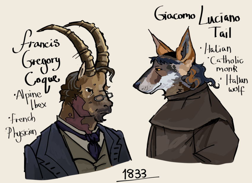 2023 2_horns alpine_ibex anthro black_eyes black_nose blue_clothing blue_cravat blue_hair blue_suit bovid brown_body brown_clothing brown_facial_hair brown_fur brown_horn brown_mustache brown_robe bust_portrait canid canine canis caprine character_name closed_frown closed_smile clothed clothed_anthro clothed_male clothing colored cravat digital_drawing_(artwork) digital_media_(artwork) duo english_description english_text eyewear facial_hair flockdog francis_gregory_coque french frown fur giacomo_luciano_tail glasses goat green_clothing green_topwear green_vest grey_hair hair horn ibex italian italian_wolf light lighting long_hair male male_anthro mammal monk moustache mouth_closed multicolored_hair portrait robe shaded short_hair side_view simple_background smile suit tan_background text tonsure topwear vest wavy_hair whisker_spots wolf year yellow_eyes