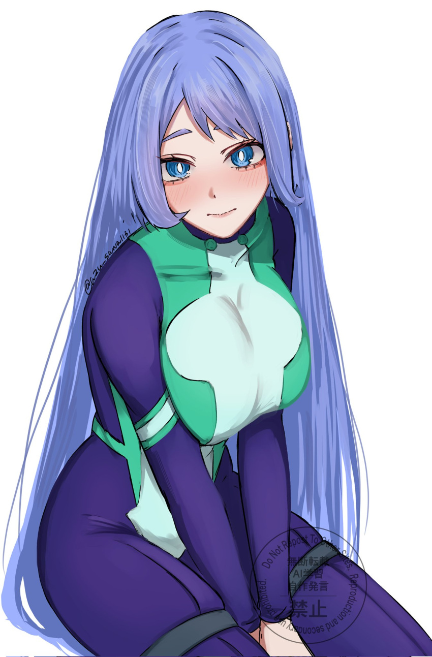 azu_sawa1131 blue_bodysuit blue_eyes blue_hair bodysuit boku_no_hero_academia breasts closed_mouth female green_bodysuit hadou_nejire highres large_breasts long_hair looking_at_viewer multicolored_bodysuit multicolored_clothes simple_background solo v_arms very_long_hair white_background