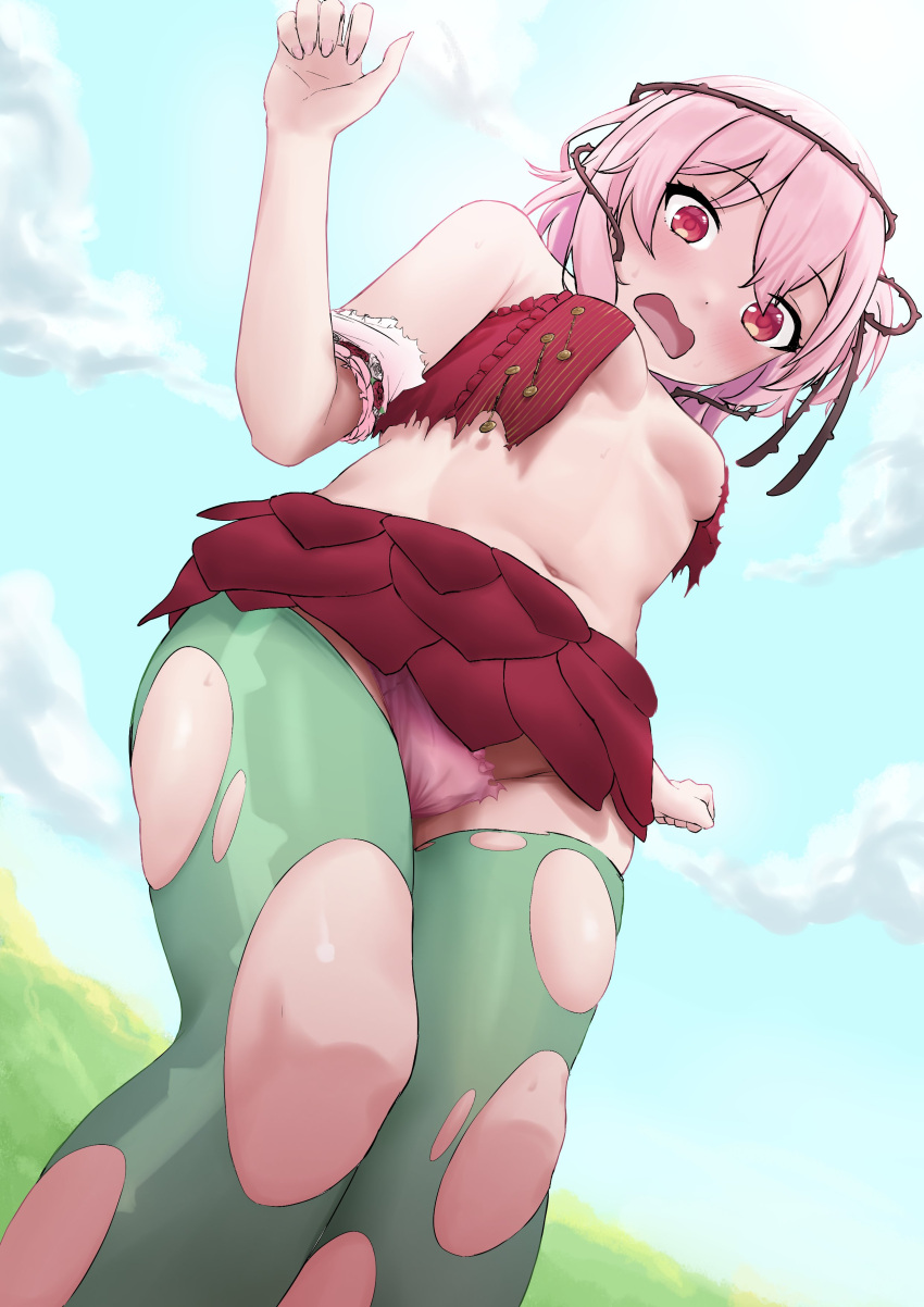 absurdres blush breasts commission dot_nose dress female giant giantess green_pantyhose hair_vines highres medium_hair navel nijisanji nijisanji_en open_mouth panties pantyhose pink_hair pink_nails pink_panties red_eyes rosemi_lovelock rosemi_lovelock_(1st_costume) skindentation small_breasts solo sweat thorns torn_clothes torn_dress torn_panties torn_pantyhose underwear virtual_youtuber yarashi_thought