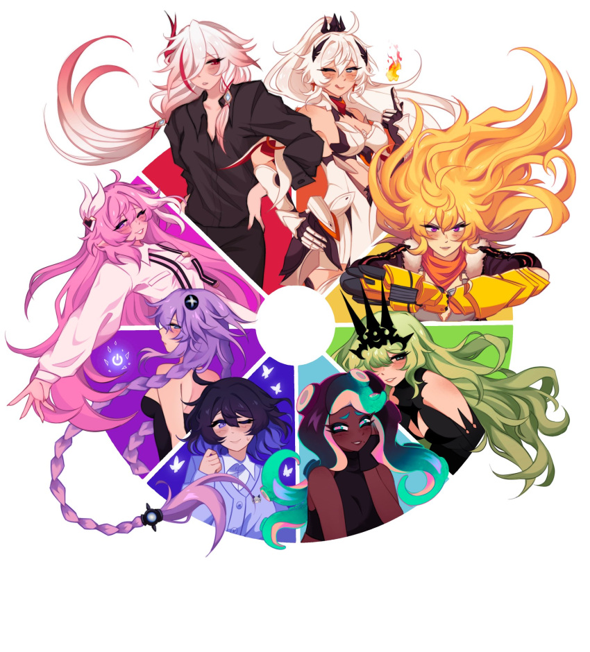 6+girls aqua_hair black_dress black_hair black_leotard black_shirt black_tiara blonde_hair blue_eyes blue_hair blue_shirt breasts character_request choujigen_game_neptune cleavage color_wheel_challenge copyright_request dark-skinned_female dark_skin dress elysia_(herrscher_of_human:_ego)_(honkai_impact) elysia_(honkai_impact) english_commentary fire fu_hua fu_hua_(phoenix) green_hair highres honkai_(series) honkai_impact_3rd jacket kiana_kaslana kiana_kaslana_(herrscher_of_flamescion) leotard long_braid long_hair medium_breasts minxinq mobius_(honkai_impact) multicolored_hair multiple_drawing_challenge multiple_girls neptune_(series) official_alternate_costume one_eye_closed pink_hair purple_hair purple_heart_(neptunia) red_hair rwby seele_vollerei seele_vollerei_(herrscher_of_rebirth) shirt tiara two-tone_hair white_background white_hair white_shirt yang_xiao_long yellow_jacket