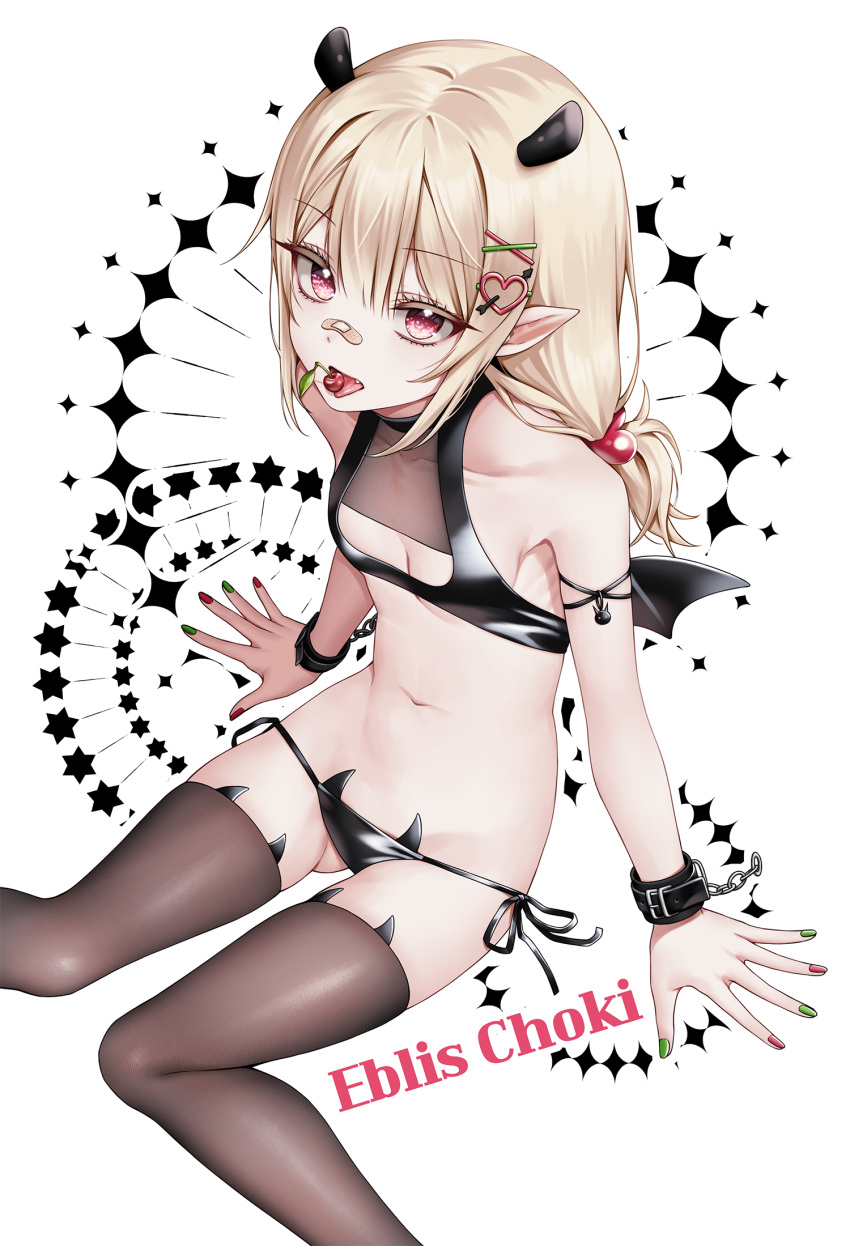 arm_strap ass_visible_through_thighs bikini black_bikini blonde_hair breasts brown_thighhighs character_name cherry cleavage_cutout clothing_cutout collarbone cuffs demon_girl demon_horns demon_wings eblis_choki female food fruit green_nails hachihachy hair_ornament hairclip heart heart_hair_ornament highres horns knees_together_feet_apart long_hair looking_at_viewer low_twintails lowleg lowleg_bikini magic_circle mini_wings navel pointy_ears red_eyes red_nails revealing_clothes ribs see-through_clothes side-tie_bikini_bottom sitting small_breasts solo stomach string_bikini swimsuit thighhighs tongue tongue_out twintails two-tone_nails virtual_youtuber vrecord white_background wings x_hair_ornament