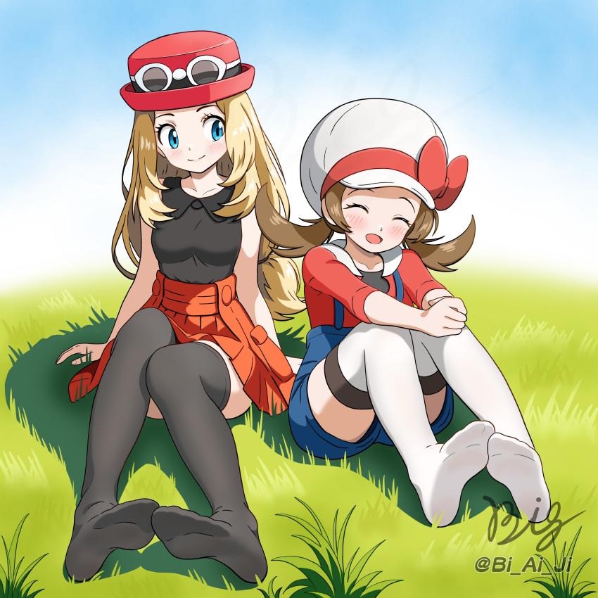 2girls :d absurdres blue_eyes blue_overalls bow breasts brown_hair closed_eyes closed_mouth collarbone collared_shirt commentary_request day eyelashes grass hat hat_bow highres long_hair lyra_(pokemon) multiple_girls no_shoes open_mouth outdoors overalls pleated_skirt pokemon pokemon_hgss pokemon_xy red_hat serena_(pokemon) shirt sitting skirt smile sunglasses thighhighs twintails viaigi white-framed_eyewear white_hat white_thighhighs