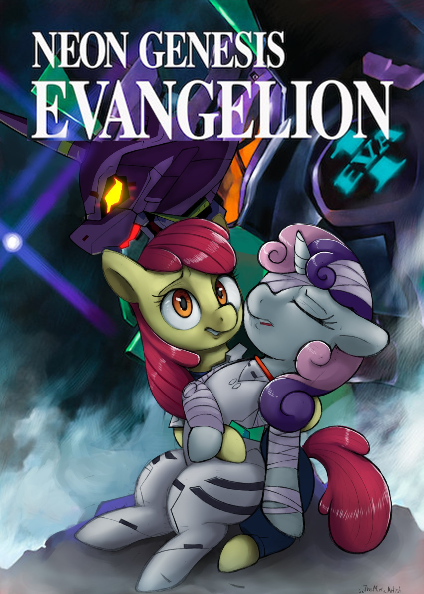 absurd_res apple_bloom_(mlp) bandage closed_eyes clothed clothing equid equine eyelashes feral friendship_is_magic hair hasbro hi_res hooves horn machine mammal my_little_pony mythological_creature mythological_equine mythology neon_genesis_evangelion pupils purple_hair red_hair rei_ayanami robot sweetie_belle_(mlp) themimicartist thick_thighs unicorn white_body yellow_body