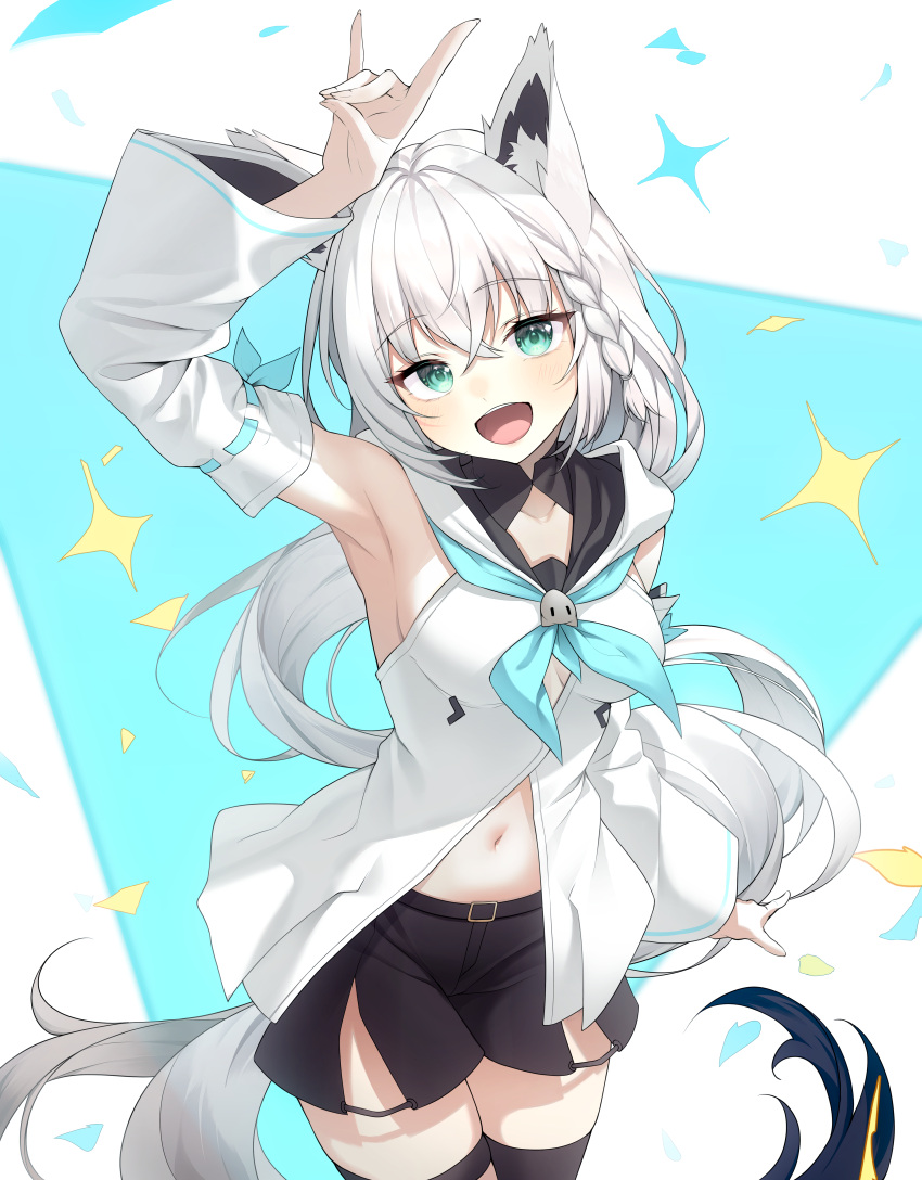 :d absurdres animal_ear_fluff animal_ears arm_up armpits black_shorts black_thighhighs blue_neckerchief braid breasts buckle cowboy_shot female fox_ears fox_girl fox_shadow_puppet fox_tail front_slit green_eyes highres hololive light_blush long_hair looking_at_viewer medium_breasts navel neckerchief open_mouth shirakami_fubuki shirakami_fubuki_(1st_costume) shorts side_braid sidelocks single_braid smile solo sparkle tail teeth thighhighs upper_teeth_only virtual_youtuber white_hair wide_sleeves yaho_(a01085748817)