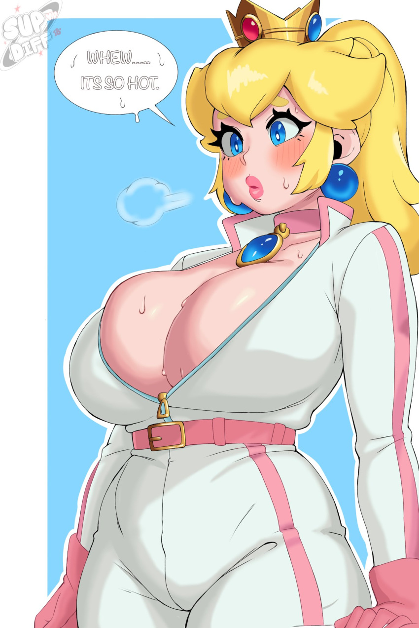 artist_logo artist_name belt biker_clothes bikesuit blonde_hair blue_background blue_eyes blush bodysuit border breasts bright_pupils bursting_breasts collarbone cowboy_shot crown double-parted_bangs earrings english_text eyelashes female gloves highres huge_breasts jewelry lips logo long_hair long_sleeves looking_to_the_side mario_(series) mario_kart mini_crown official_alternate_costume parted_lips pink_belt pink_gloves pink_lips plump ponytail princess_peach short_eyebrows sidelocks solo speech_bubble supdiff sweat sweatdrop thick_eyebrows white_border white_pupils