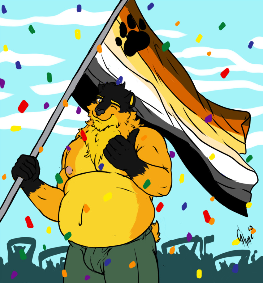 anthro bear_flag black_hair canid canine flag flag_(object) fox fur hair hi_res holding_flag holding_object hunterramirez jake_(jakethenerdyfox) lgbt_pride male mammal multicolored_body multicolored_fur nipples orange_body orange_fur overweight overweight_male pride_color_flag pride_colors rainbow_pride_colors six-stripe_rainbow_pride_colors slightly_chubby smile solo yellow_eyes