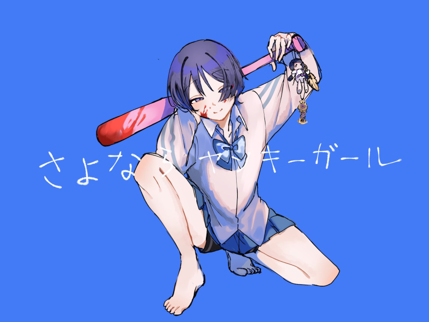 1boy barefoot baseball_bat black_skirt blood blood_on_face blue_background blue_bow blue_bowtie blue_skirt blunt_ends bow bowtie closed_mouth collared_shirt crossdressing delinquent feathers genshin_impact hand_on_own_head highres holding holding_baseball_bat kingyo_(user_xyuc7787) long_sleeves looking_at_viewer male_focus on_one_knee over_shoulder pleated_skirt pom_pom_(clothes) purple_eyes purple_hair scaramouche_(genshin_impact) school_uniform shirt shorts shorts_under_skirt skirt smile solo stuffed_toy toes translation_request weapon weapon_over_shoulder white_shirt white_sleeves yellow_feathers