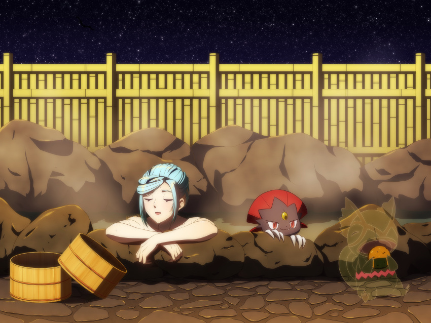 1boy :d absurdres arice487 bathing blue_hair claws closed_eyes closed_mouth commentary_request eating fang_out fence food grusha_(pokemon) happy highres kecleon male_focus night oerba_yun_fang onsen open_mouth outdoors pokemon pokemon_(creature) pokemon_sv red_eyes sky smile star_(sky) steam weavile