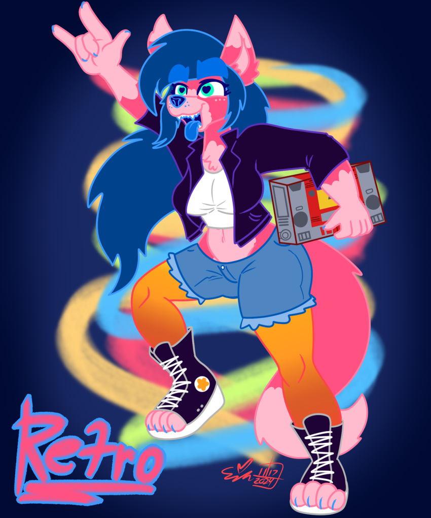 anthro blaster_(transformer) blue_hair blue_nails blue_tongue boombox bottomwear canid canine canis clothing colored_nails converse crop_top devil_horns_(gesture) digital_media_(artwork) erynerikard female footwear fur gesture hair hand_gesture hi_res jacket leather leather_clothing leather_jacket leather_topwear leggings legwear mammal nails pink_body pink_fur retro_(erynerikard) shirt shorts solo toeless_footwear tongue tongue_out topwear wolf