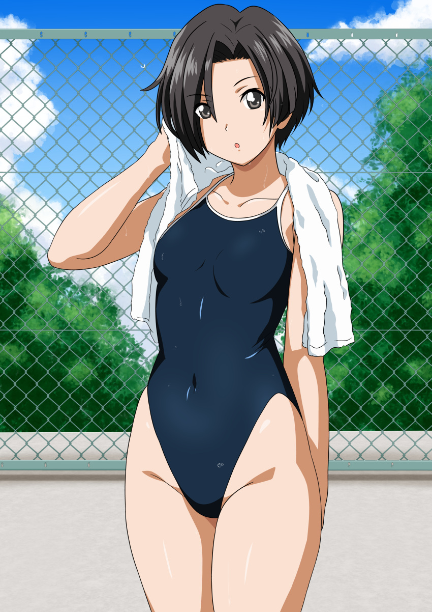 absurdres black_eyes black_hair blue_one-piece_swimsuit blue_sky bush chain-link_fence cloud commentary_request competition_school_swimsuit covered_navel cowboy_shot day female fence highleg highleg_one-piece_swimsuit highres kobayakawa_rinko love_plus one-piece_swimsuit outdoors school_swimsuit short_hair sky solo swimsuit towel towel_around_neck yuuyuu_(3jjbn)