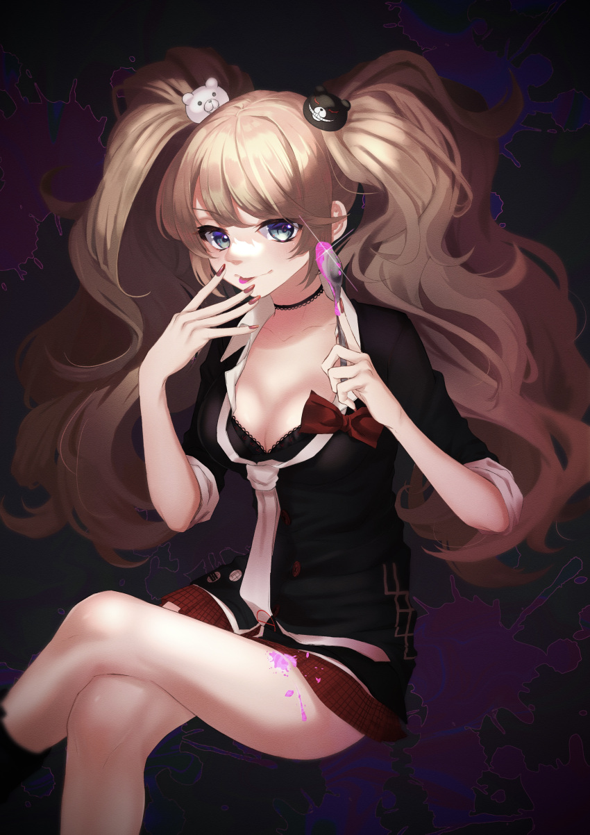 absurdres bear_hair_ornament black_choker black_footwear black_necktie black_shirt blonde_hair blood bow breasts choker crossed_legs danganronpa:_trigger_happy_havoc danganronpa_(series) enoshima_junko female grey_eyes hair_ornament highres large_breasts long_sleeves miniskirt multicolored_background nail_polish necktie pink_blood plaid_clothes plaid_skirt red_bow red_nails shirt skirt smile solo twintails umezu_8989 v white_necktie