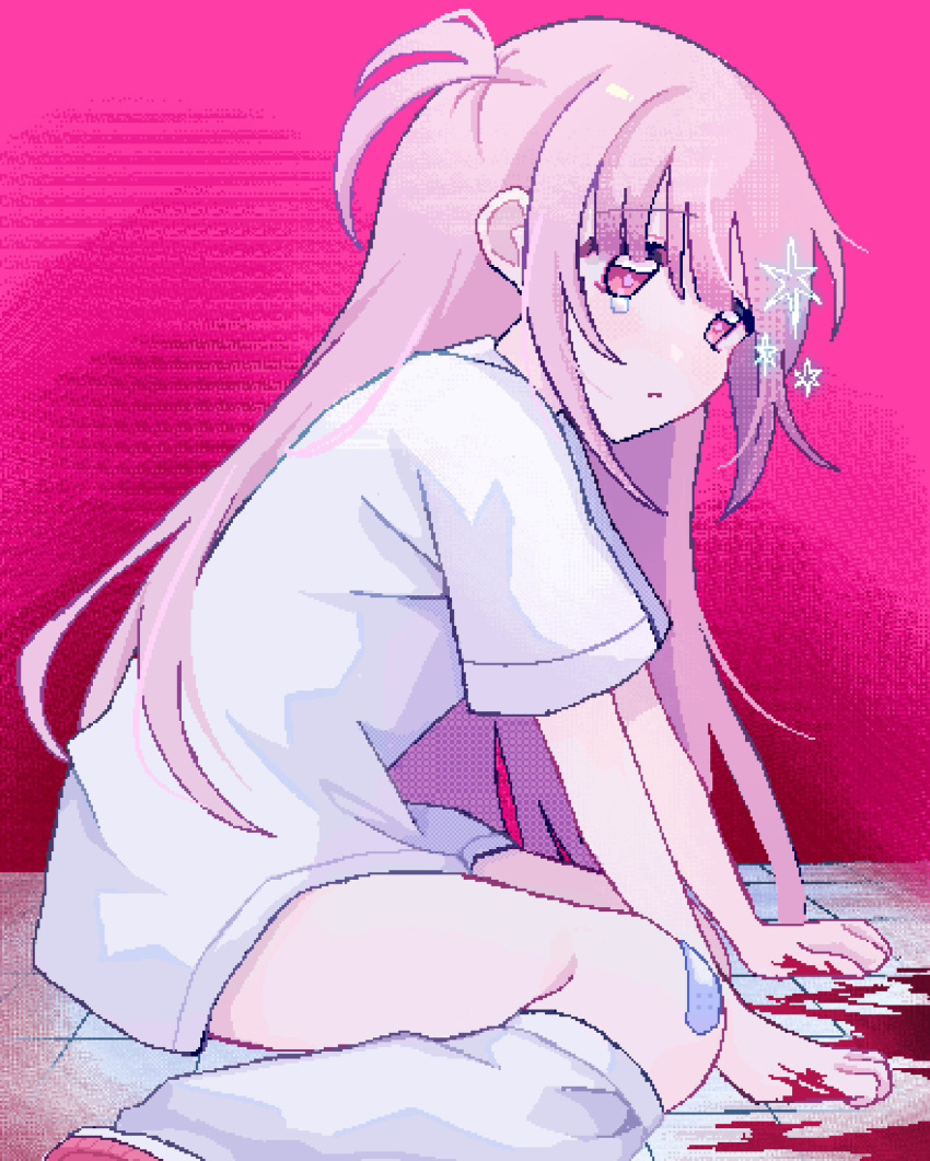 arm_support bad_hands bandaid bandaid_on_knee bandaid_on_leg blood blood_on_hands closed_mouth commentary_request feet_out_of_frame female hair_between_eyes highres jaggy_lines kneehighs long_hair looking_ahead loose_socks no_pants one_side_up original pink_background pink_eyes pink_hair shirt shizumu_(shi_zumu) short_sleeves simple_background sitting socks solo star_(symbol) tearing_up tile_floor tiles white_shirt white_socks