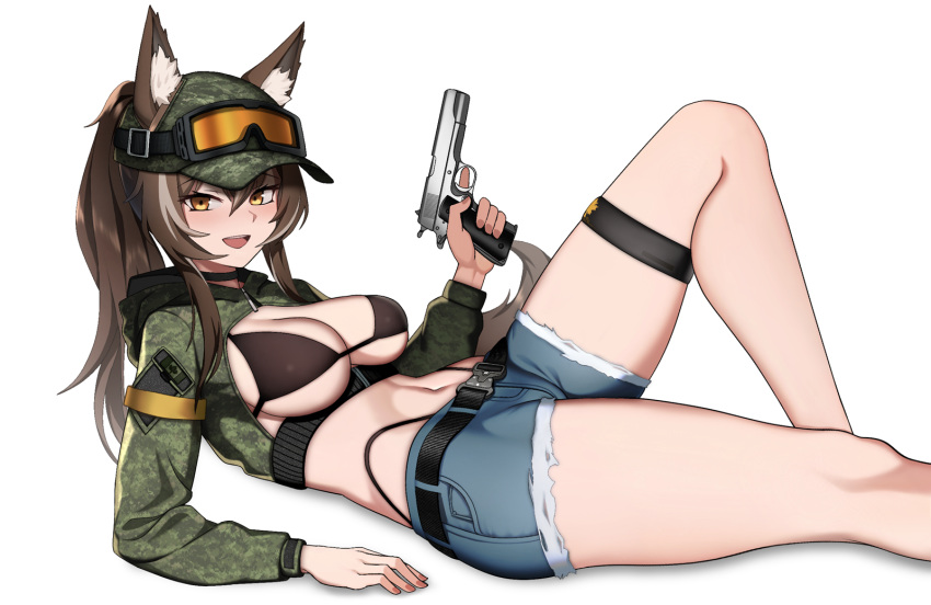 animal_ears belt bikini black_choker blue_shorts breasts brown_hair callisto_(greyeth) camouflage camouflage_shirt cero_(last2stage) choker cleavage crop_top cutoffs denim denim_shorts feet_out_of_frame female framed_breasts green_shirt gun handgun highleg highres holding holding_gun holding_weapon knee_up long_hair long_sleeves looking_at_viewer lying medium_breasts midriff multicolored_hair navel on_back open_mouth orange_eyes original ponytail shirt short_shorts shorts simple_background smile solo spaghetti_strap stomach streaked_hair string_bikini swimsuit thigh_strap thighs trigger_discipline weapon weapon_request white_background wolf_ears