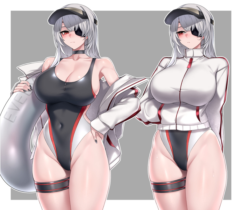 absurdres black_choker black_nails border breasts character_name choker cleavage closed_mouth commission covered_navel cowboy_shot curvy dogs_(dlrkdejr26) evelyn_(neural_cloud) evelyn_(steel_shark_of_the_blue_sea)_(neural_cloud) eyepatch female fingernails girls'_frontline girls'_frontline_neural_cloud grey_background hand_in_jacket hand_on_own_hip highres holding innertube jacket jacket_over_swimsuit large_breasts long_hair looking_at_viewer looking_to_the_side nail_polish off_shoulder one-piece_swimsuit open_clothes open_jacket red_eyes sweatdrop swim_ring swimsuit thigh_strap visor_cap wet white_border white_hair white_jacket