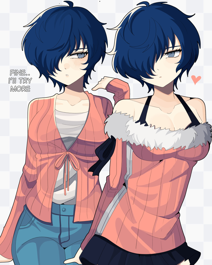 absurdres arms_behind_back bare_shoulders black_bra black_skirt blue_eyes blue_hair blue_pants blush bobamiruku bra breasts checkered_background collarbone commentary cosplay cowboy_shot dress english_commentary english_text female front-tie_top grey_background hair_over_one_eye hand_up heart highres large_breasts long_sleeves looking_at_viewer medium_breasts miniskirt one_eye_covered pants parted_lips persona persona_3 pink_dress rule_63 short_hair skirt solo takeba_yukari_(cosplay) tongue underwear yukari_takeba yuuki_makoto_(persona_3)