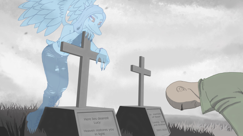 16:9 2024 5_fingers amber_eyes amused anon_(snoot_game) anthro back_wings bald black_clothing blue_body bone_frill cavemanon_studios christian_cross christian_symbol christianity clothed clothing cloud cloudy_sky crop_top cross digital_drawing_(artwork) digital_media_(artwork) duo english_text fang_(gvh) fangs feathered_wings feathers female fingers frill_(anatomy) fully_clothed ghost goodbye_volcano_high grass_field green_clothing grey_hair hair hi_res human long_hair male mammal midriff mourning navel prehistoric_species pterodactylus pterosaur religion reptile restricted_palette sad scalie shirt sky small_tail smile smiling_at_another snoot_game snout spirit tail teeth text tombstone topwear torn_clothing torn_shirt torn_topwear translucent translucent_body unknown_artist widescreen wings